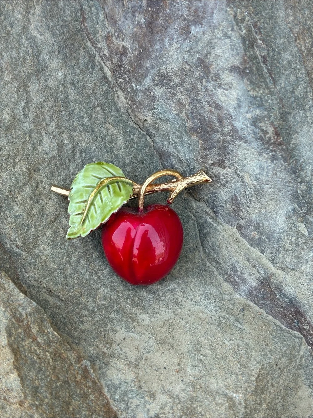 Vintage Red Enamel Apple on Branch Brooch Pin